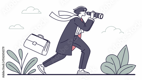 Business professional with telescope exploring future vision, opportunities, and strategic foresight