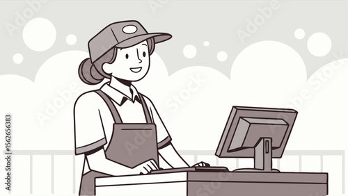 Smiling Female Cashier at Point of Sale Counter Illustration