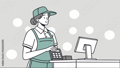 Female Cashier Working at Retail Checkout Counter with Calculator and POS System. Customer Service Staff Illustration.