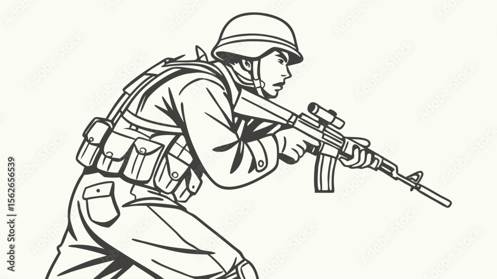 Fototapeta premium Military soldier in combat stance with rifle illustration. Line art of an army combatant wearing tactical gear and helmet.
