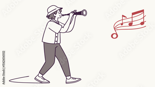 Stylized illustration of a person playing a wind instrument while walking, accompanied by red musical notes