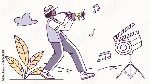 Musician Playing Trumpet with Music Notes and Film Clapperboard. Creative Content Production and Entertainment Concept.