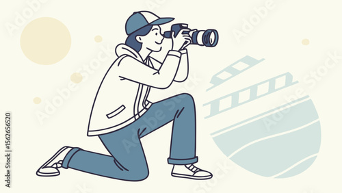 Illustration of Photographer Kneeling with Camera. Creative Hobby, Media Production, and Photography Concept.