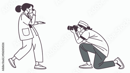 Photographer and Healthcare Worker in Masks: Medical Professional Posing for Photo Session