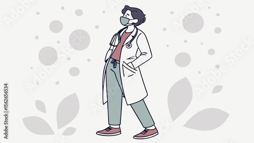 Healthcare professional wearing a face mask and lab coat with stethoscope, medical illustration