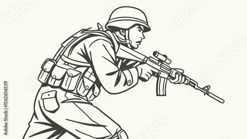 Military soldier in combat stance with rifle illustration. Line art of an army combatant wearing tactical gear and helmet.