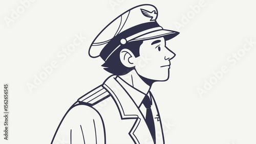 Airline pilot character in uniform looking sideways. Minimalist vector illustration for aviation, travel, and professional career concepts.
