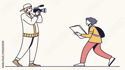 Videographer filming a reporter with a clipboard. Media production, interview, and journalism concept illustration.