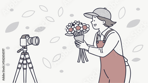 Creative Content Creator Filming Flower Bouquet with Camera on Tripod for Online Marketing and Social Media