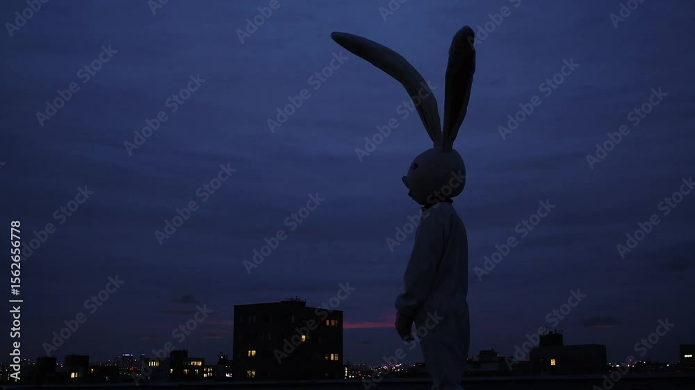 Silhouette de lapin géant sur un toit la nuit