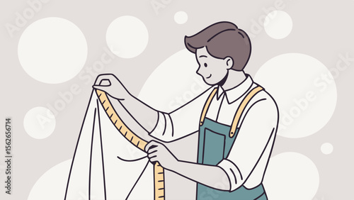 Smiling professional tailor measuring fabric with tape measure. Dressmaker at work, sewing, fashion design, craftsmanship. Flat vector illustration.