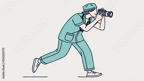 Healthcare professional in scrubs capturing moments with a DSLR camera, dynamic illustration.