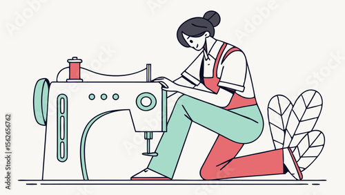 Focused Woman Operating Sewing Machine: Modern Illustration of Tailoring, Craft, and Textile Work