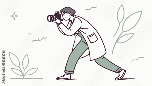 Minimalist Line Art Illustration of a Photographer Taking Pictures with a DSLR Camera
