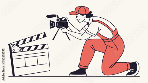Videographer operating camera with clapperboard. Film production concept illustration.