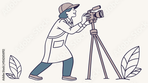 Filmmaker with video camera and tripod, capturing footage, line art illustration