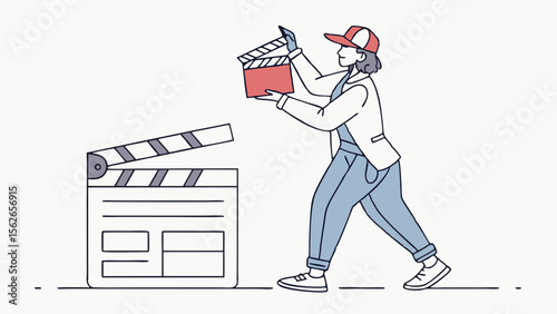 Film Production Crew Member with Clapperboard. Movie Making, Video Shooting Concept. Minimalist Line Art Illustration.