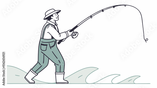 Minimalist Line Art Illustration: Angler Fishing in Water with Rod