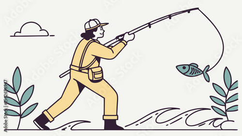 Person Fishing Illustration. Angler Catching Fish with Rod. Outdoor Hobby, Recreation, and Leisure Activity Concept.
