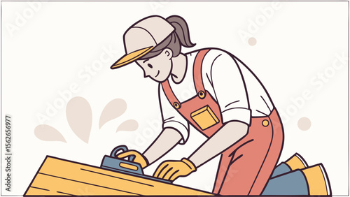 Woman Hand Planing Wood. Female Carpenter Crafting Timber for DIY Home Improvement Project. Woodworking and Renovation Illustration.