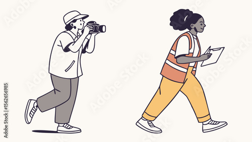 Professional Women at Work: Photographer with Camera and Surveyor with Clipboard Flat Illustration