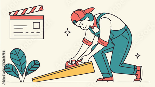 Craftsman planing wood for film set production. Woodworking, construction, and movie industry illustration.