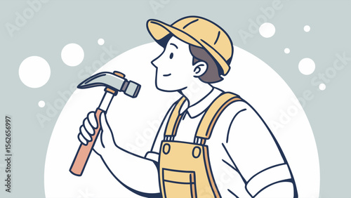 Smiling worker in hard hat and overalls holding a hammer, ready for construction or repair tasks.
