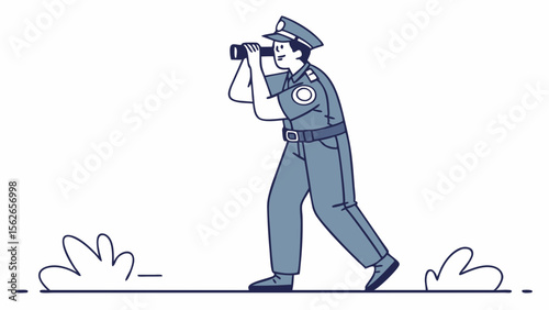 Police Officer Looking Through Binoculars. Law Enforcement Surveillance and Observation. Flat Vector Illustration.