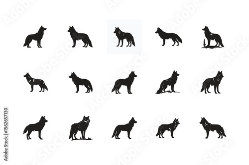 Set of Gray Wolf Animal Silhouettes in Black Vector Illustration