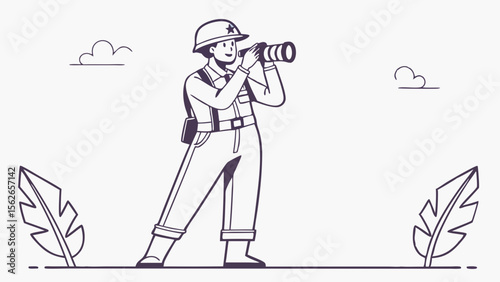 Minimalist Line Art of Worker or Engineer Looking Through Camera or Binoculars