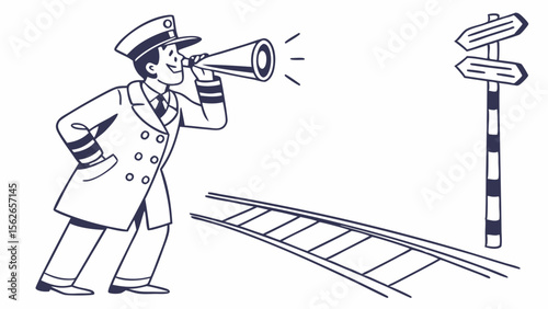 Railway Conductor Announcing Directions with Megaphone, Train Tracks, and Signpost Illustration
