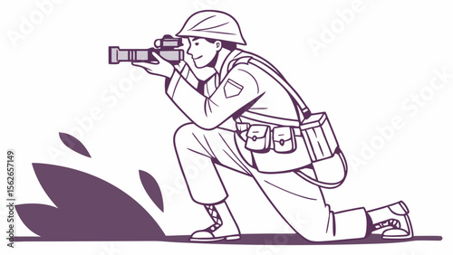 Kneeling Soldier Aiming Weapon Illustration: Tactical Military Person in Combat Gear