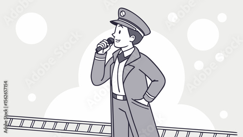 Monochrome illustration of train conductor speaking into a microphone, performing or announcing on stage