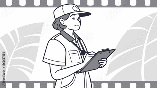 Female Outdoor Professional Taking Notes on Clipboard - Monochromatic Illustration