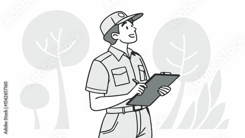Environmental worker inspecting nature with clipboard and pen, outdoor survey illustration
