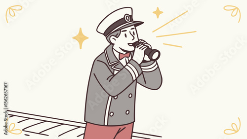 Illustrated train conductor in uniform blowing a whistle on railway tracks, signaling departure.