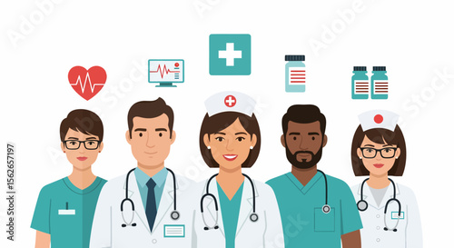 Diverse medical team with heart monitor plus sign and medicine bottles.