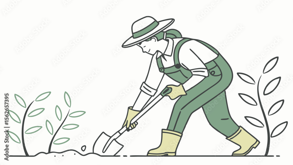 Fototapeta premium Gardener planting with shovel. Woman cultivating soil, working in garden. Green line art illustration of outdoor farming.