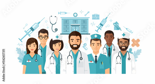 Diverse medical team with stethoscopes syringes hospital building and bandages.