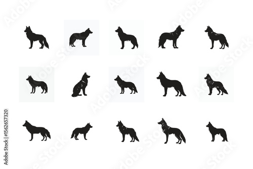 Set of Black Gray Wolf Silhouettes Collection on White Background