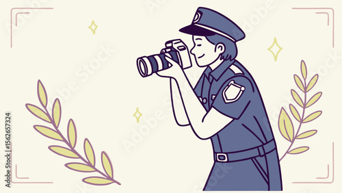 Uniformed Professional Photography: Officer Capturing Image with DSLR Camera Illustration