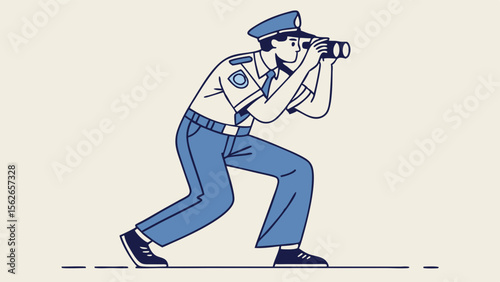 Law enforcement officer with binoculars conducting surveillance illustration