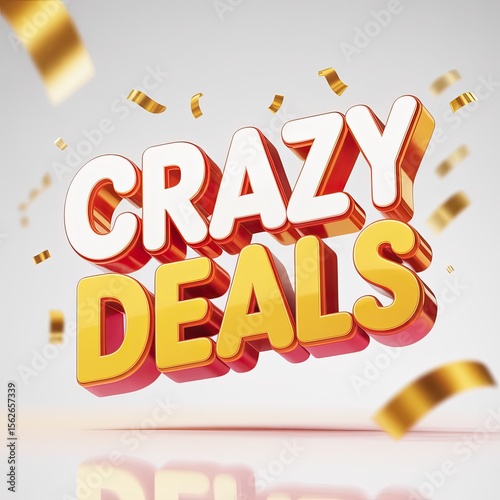 Crazy Deals 3D Text with Golden Confetti, Festive Promotion Banner for Online Shopping and Retail Sales, Exciting Offers and Big Discounts