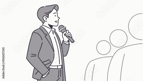 Professional man in suit speaking into a microphone, addressing an audience. Public speaking, presentation, communication concept.