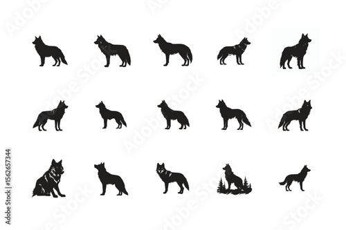 A diverse vector set of black Gray Wolf silhouettes illustrates various running Gray Wolf animals