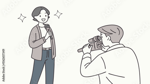 Speaker or Performer Being Filmed by Videographer: Media Interview and Production Concept Illustration