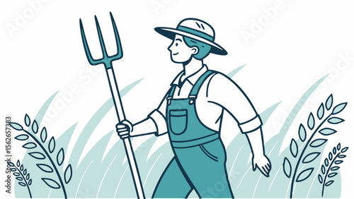 Agricultural Worker with Pitchfork in Crop Field Illustration