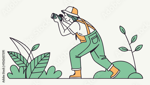 Nature Enthusiast with Camera. Flat Illustration of Outdoor Photography, Wildlife Watching, and Exploration