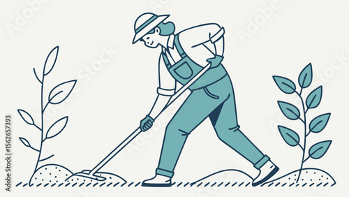 Person Gardening & Hoeing Soil. Minimalist Line Art Illustration of Cultivation and Agricultural Work.