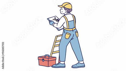 Female Technician with Clipboard, Ladder, and Toolbox. Professional Woman Worker Ready for Inspection, Repair, or Maintenance Tasks.